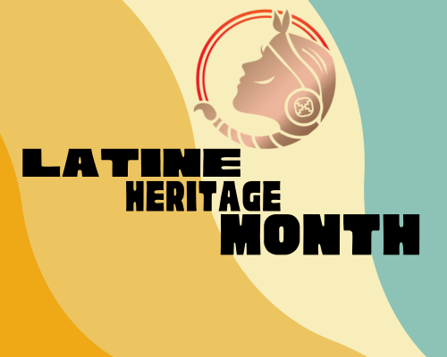 ELLA Latine Heritage Month story_Display Diagonal waves in yellow, orange, and teal with the words Latine Heritage Month and the ELLA logo