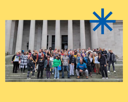 A photo of people in front of the capitol building with a yellow border and blue star