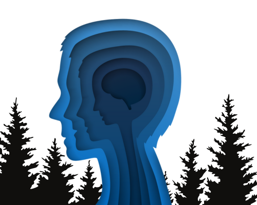 HomeSafe_Parole & Recidivism_Display Image of dark blue paper cut out in the shape of a person's head with trees at the bottom