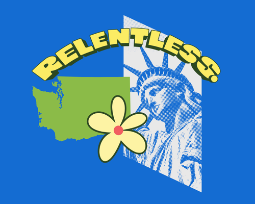 A collage with an image of the Statue of Liberty and the word relentless, surrounded by flowers