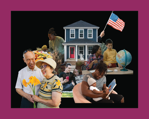 A collage of different people centered in front of a blue house with an American flag over a black background