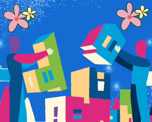 Illustration of people building houses