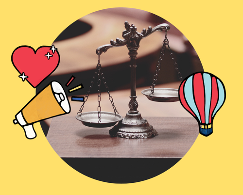 Annual Report 2024_legal updates_display A circular photo of law and justice scales with a yellow frame, and 3 hand drawn illustrations of a megaphone, a hot air ballon, and a heart layered on top
