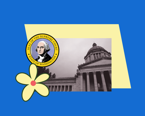 A collage featuring the Washington state Supreme Court and the flag of the State of Washington