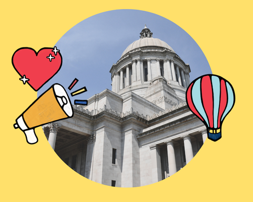 Annual report 2024_Leg report_display A circular photo of the WA state capitol with a yellow frame, and 3 hand drawn illustrations of a megaphone, a hot air ballon, and a heart layered on top
