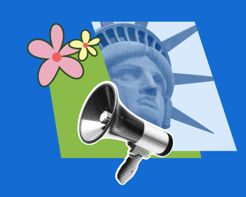 A collage with images of the Statue of Liberty, a bullhorn, and flowers