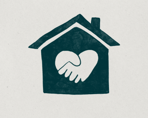 Jewels Helping Hands Blog_display a tan background with a dark green hand-illustrated house with two hands holding in the shape of a heart in the center
