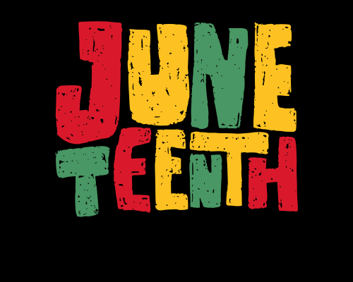 Juneteenth 2025 a black rectangle with the word "Juneteenth" had illustrated in red yellow and green alternating letters