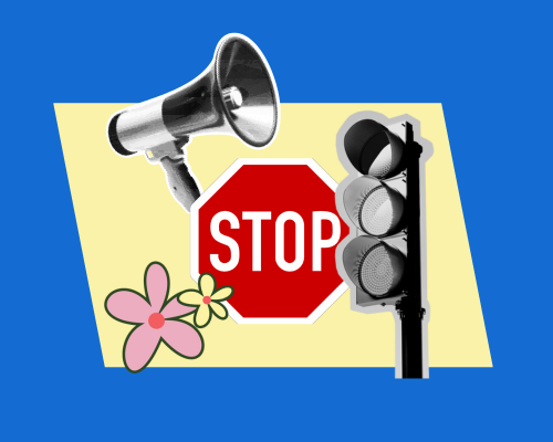 A collage with images of a stop sign, a traffic signal, a megaophone, and flowers