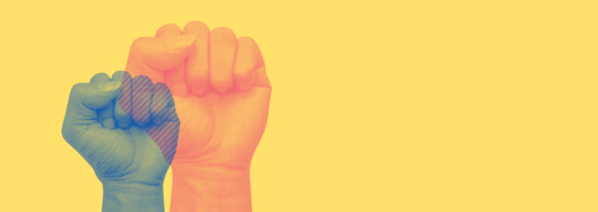 Yellow background with two fists in the air. 