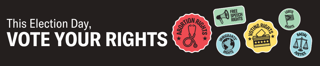 Vote Your Rights2024_Panel Banner This election day, vote your rights. Dark gray background with colorful badges outlining different issue areas