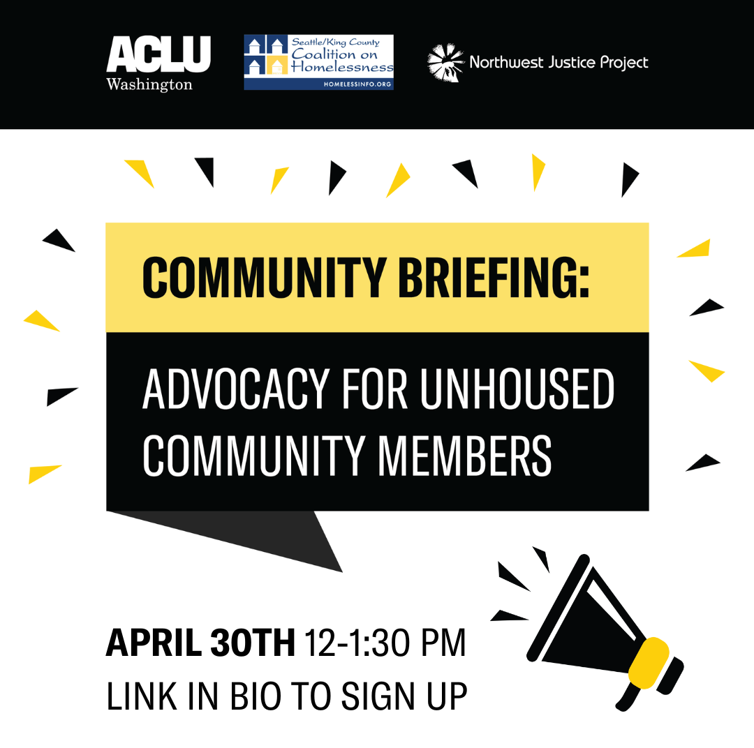 black and yellow graphic that says community briefing advocacy for unhoused community members