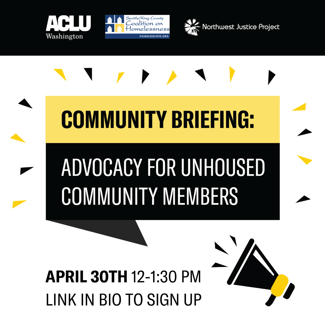 IG_community briefing advocacy for unhoused community members black and yellow graphic that says community briefing advocacy for unhoused community members