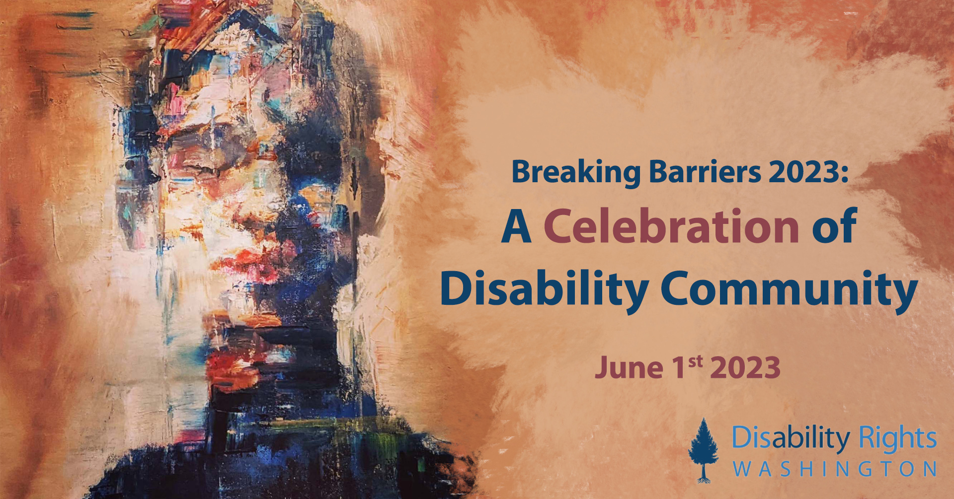 Breaking Barriers Event Poster: an abstract painting of a figure's head with eyes closed, using large brush strokes, and sepia and blue tones
