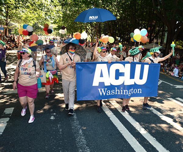 ACLU-WA supporters march in the Seattle Pride Parade, 2022. Photo by Jack Storms.