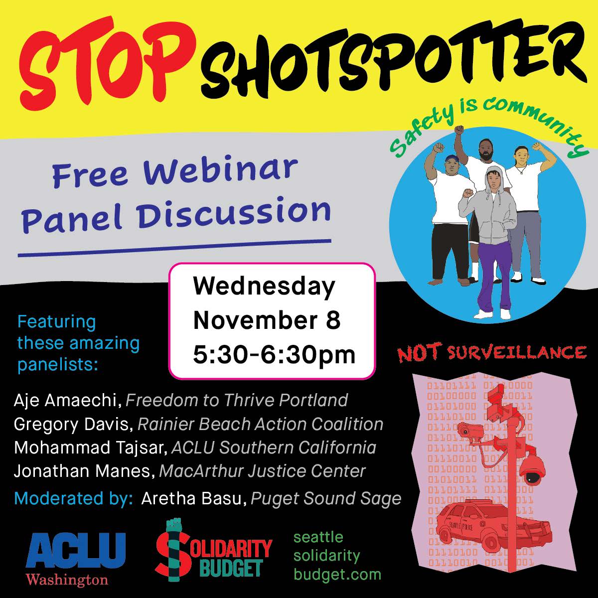Stop Shotspotter Free Webinar panel discussion next graphic
