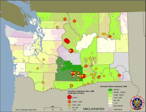 Map of Outdoor Marijuana Grow Sites in Wahington State - 2008