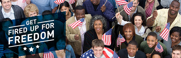 Photo of people holding American Flags labelled "Fight for Freedom"