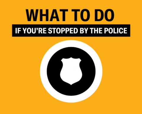 What to do if you're stopped by the police. Orange background, black and white text, black and white circles with a police badge in the center. 