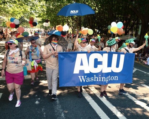 picture of the aclu of washington supporters marching in the pride parade