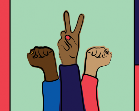 Three arms raised of different skin tones, with two hands in an activist fist and one with a peace sign. 