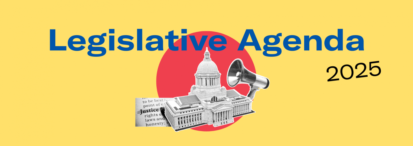 Legislative Agenda 2025. Yellow background, red circle, cutout of capitol building. 