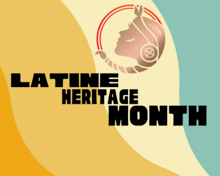 Diagonal waves in yellow, orange, and teal with the words Latine Heritage Month and the ELLA logo