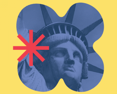 A yellow graphic with a cutout blob shape around the statue of liberty head and a red asterisk. 