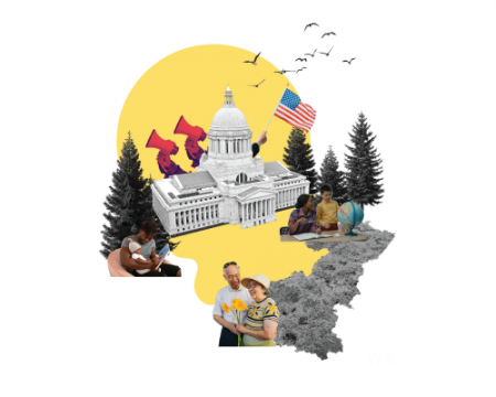 A collage of photographic cut outs of trees, people, and advocacy symbols set against a yellow and white background