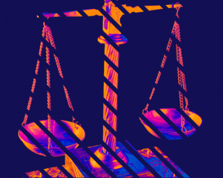 graphic of the scales of justice on a blue background 