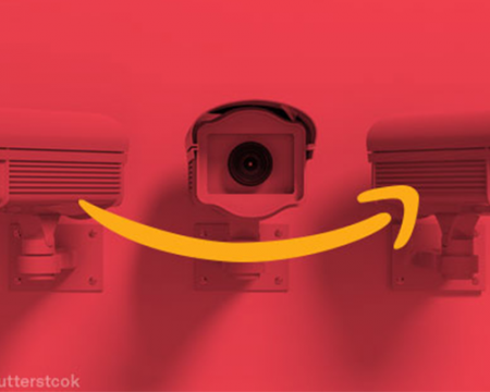 A photo of surveillance cameras and the Amazon logo