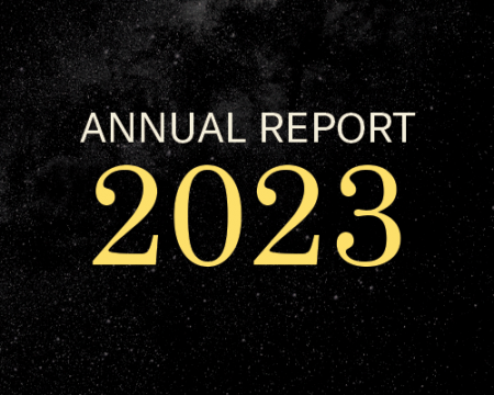 Cream and Yellow text that says Annual Report 2023 over a black starry sky 