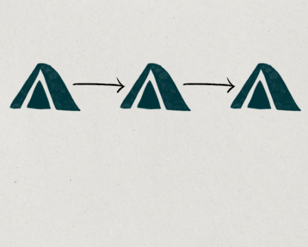 A textured oatmeal colored background with an illustration of three dark green tents and an arrow between each 