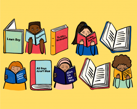 Hand drawn illustrations of open books, banned book covers, and children of different races reading banned books. 