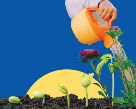 A young hand using an orange watering can to water a row of seeds getting progressively taller against a blue backgdrop 