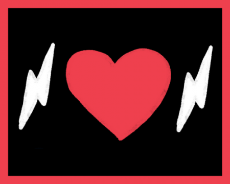 A drawing of a red heart in between two white lightning bolts. The drawing is in a black background with a red border.
