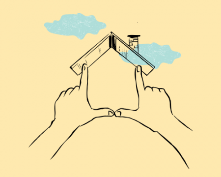 Light yellow image with drawing of person creating a house shape with their hands