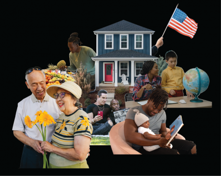 A collage of people spending time together with a house in the middle.
