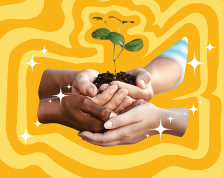 Yellow and orange wavy pattern with hands holding a sprouting plant 