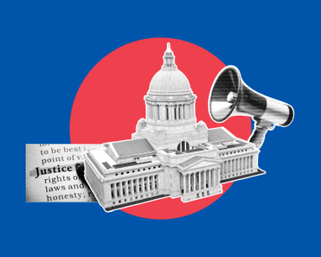 Blue background, red cirlce in the center, with a cut out photo of the capitol building