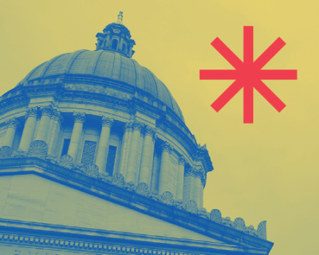 Banner image with a photo the WA state capitol on one side and a geometric blue wave red star set against a yellow background