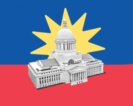 A cut out of the capitol building set against a red and blue background and a yellow multipronged star