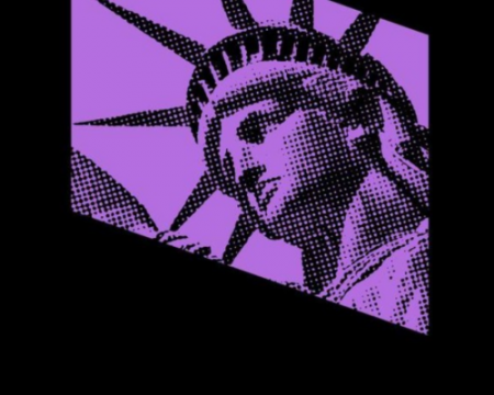 Black rectangle with a purple slanted square featuring a textured statue of liberty. 