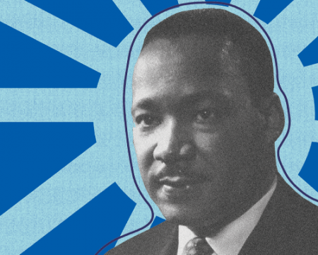 A cutout of a black and white photograph of Dr. King placed over a blue textured sun ray backgdrop