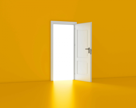 Yellow background with a white open door 