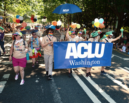 ACLU-WA supporters march in the Seattle Pride Parade, 2022. Photo by Jack Storms.
