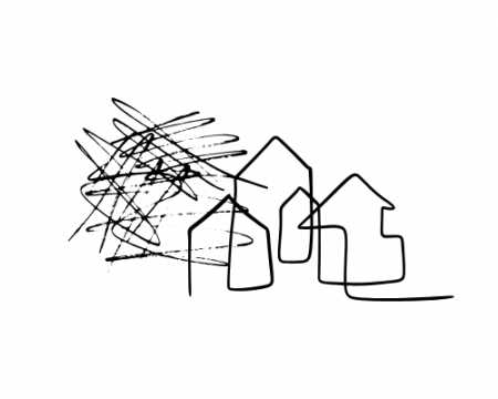 a single line illustration outline of three houses and some scribbles