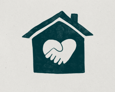 a tan background with a dark green hand-illustrated house with two hands holding in the shape of a heart in the center