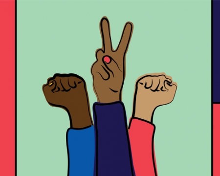 Three arms raised of different skin tones, with two hands in an activist fist and one with a peace sign. 