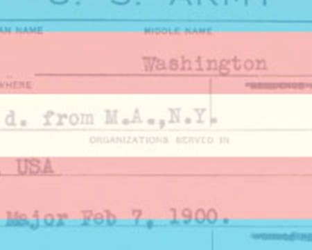 Photo of a transgender pride flag superimposed on an Army discharge record